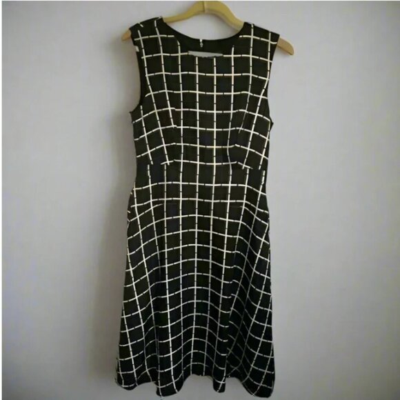 J Crew Silk Dress 10 Black Sleeveless A-Line Flare Knee Length Windowpane - Picture 1 of 11